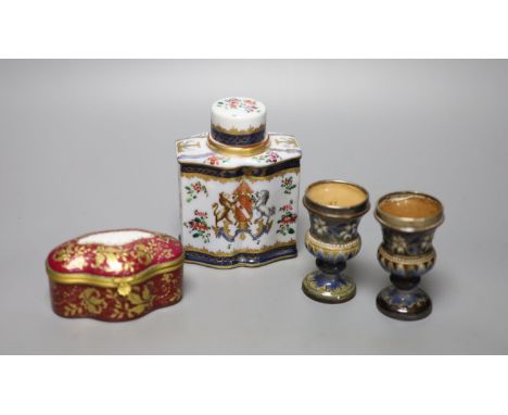 A Samson crested porcelain lidded tea caddy, height 13cm, together with a Limoges lidded porcelain casket, 9 x 4.5cm and a pa