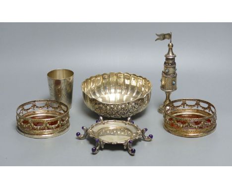 A sterling bowl, 15.1cm, a white metal and enamel spice tower, German beaker, pair of plated coasters and a stand by Rodjero.