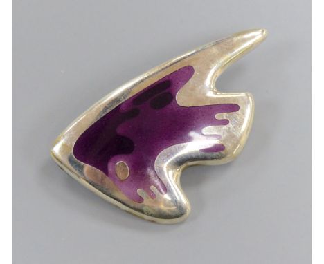 A George Jensen sterling and two colour purple enamel stylised fish brooch, designed by Henning Koppel, no. 307, 61mm.CONDITI