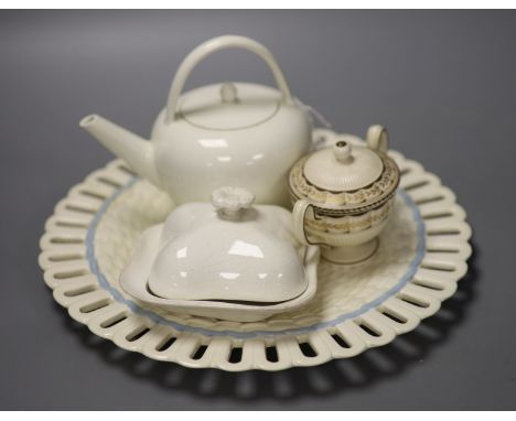 Four pieces of 19th century Wedgwood Queensware; a teapot, dish and cover and pot and cover together with a 20th century Quee