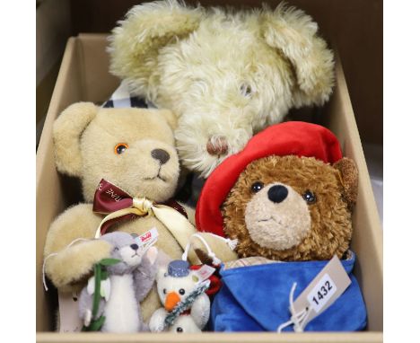 Large musical Canterbury bear and Merrythought musical and Steiff yellow tag Paddington, White label mouse, Steiff Snowman