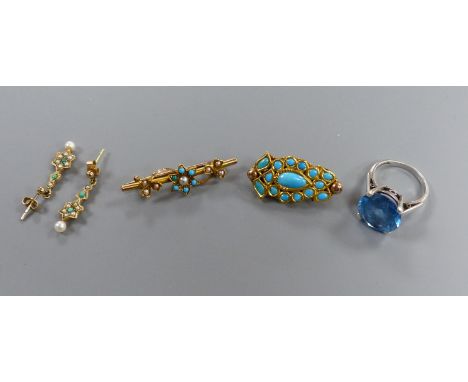 A pair of 9ct gold seed pearl and turquoise set earrings, gross 1.8 grams and three other items, a yellow metal (tests as 15c