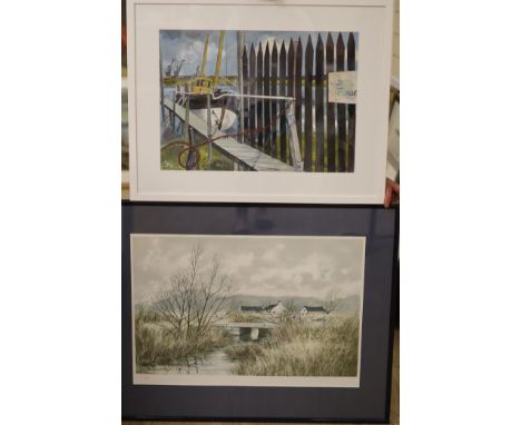 Roland Collins (1918-2015), gouache, 'Newhaven, 1979' and a lithograph by Jeremy King (b. 1933), 'Winter Reeds', the former s