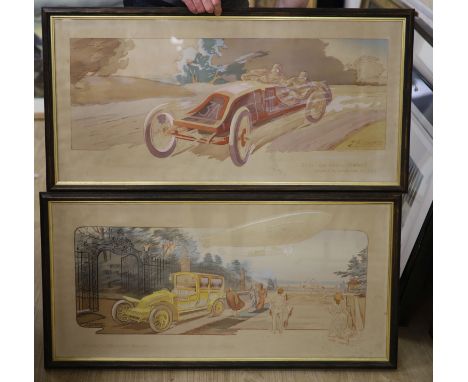 Ernest Montant (1879-1909), lithograph, 'En Visite: Le Levrier et L'Hirondelle Renault' and companion piece, 'Szisz Sur Voitu