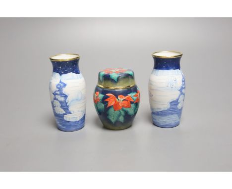 A pair of modern Moorcroft enamel on metal vases, decorated with polar bears, and a similar jar and cover, tallest 9cm