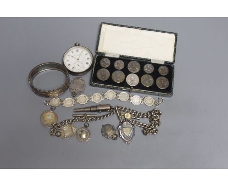 Mixed items including silver medallions, Victorian silver and yellow metal hinged bangle, a Mordan &amp; Co 'cannon' propelli