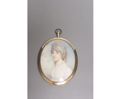 A portrait miniature on ivory of a lady by Charles Hayter, 1797; signed and dated, seed pearl tied hair back