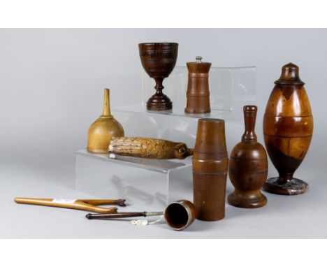 A Small Collection of Treen, including a late 18th Century lignum vitae coffee mill, 9.5ins high, a turned wood powderer, 6.5