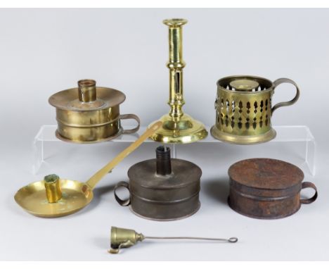 A Brass Tinder Box and Cover with Candle Socket, 19th Century, 4.5ins diameter x 3.25ins high, a sheet brass chamber candlest