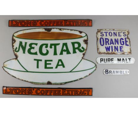 A "Nectar Tea" Enamel Advertising Sign, Early 20th Century, 12.75ins x 21ins, two printed tin shop shelf signs - "Lyons' Coff