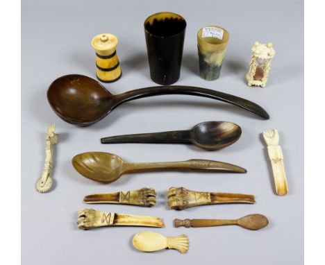 A Mixed Collection of Bone and Horn Items, 19th Century, including egg timer with turned and pierced uprights, 3.25ins high, 