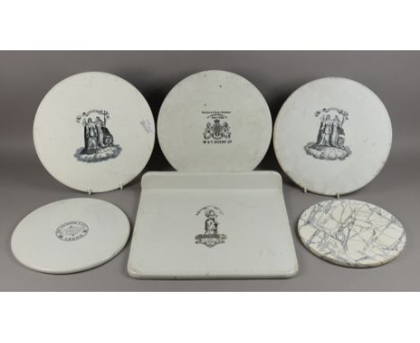 Six Pottery Scale Plates, one advertising "E. Jackson &amp; Co, 82 Kirkgate, Leeds", 9.25ins diameter, one advertising "W&amp