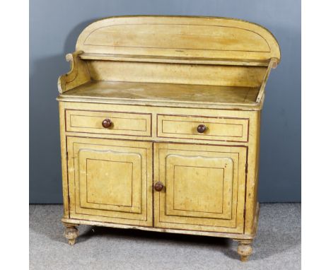 A Victorian Painted and Grained Wood Rectangular Tray Top Chiffonier, with lined decoration, the shaped back fitted one small