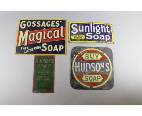 Two Enamel Advertising Signs, - "Buy Hudson's Soap", 10.375ins x 10.25ins, "Sunlight Soap", 6ins x 12ins, and two printed met