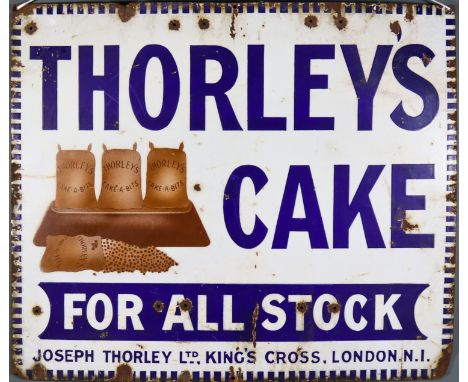 An Early 20th Century Enamel Advertising Sign, worded "Thorley's Cake For All Stock", depicting sacks of "Thorley's Cake-A-Bi
