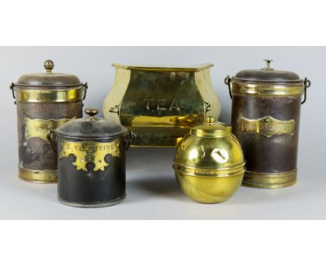 A Tin and Brass Mounted Tea Canister and Lid, Four Similar Tea Canisters, and a Brass Tea Caddy of Shaped Outline, Late 19th/