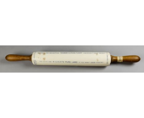 A Thomas Farrer "Isobel" Pottery Rolling Pin, printed in blue with advertisements for "Coombs' Eureka Flour", "Kilverts' Pure