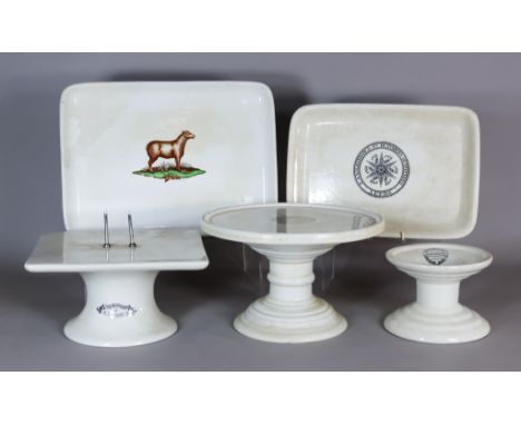 A White Glazed Pottery Circular Ham Stand and Four Other Related Items, the stand produced for "T.B. Finney &amp; Co., Butche