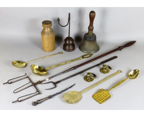 A Brass Two-Ended Spoon and Pierced Spatula, Late 18th Century, 14ins, and a collection of domestic implements, mainly 18th a