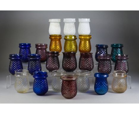 A Collection of Twenty-Three Coloured and Clear Glass Night Light Holders, Late Victorian/Early 20th Century, with crosshatch