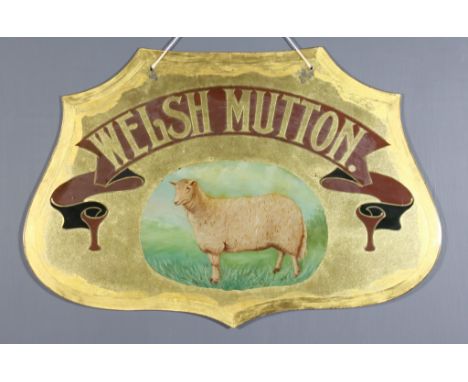 A Reverse Painted Advertising Glass Panel, Late 19th/Early 20th Century, on a gilt ground, worded "Welsh Mutton", above oval 