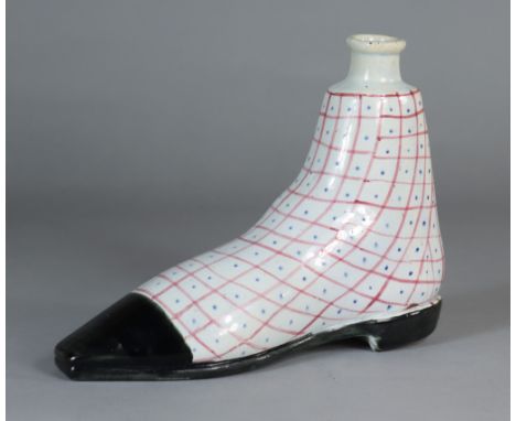 A Pearl Ware Pottery Spirit Flask, Early 19th Century, modelled as a fine lady's shoe, 6.5ins high