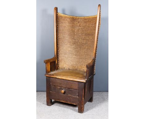 A 19th Century Pine Framed Orkney Armchair, with plaited oat straw curved back, wood seat and panel base, 21ins wide x 22ins 