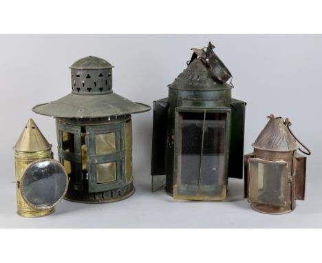 A Sheet Metal Three Light Pendant Lantern, with traces of original green paint, 12ins high, a circular sheet metal and horn p