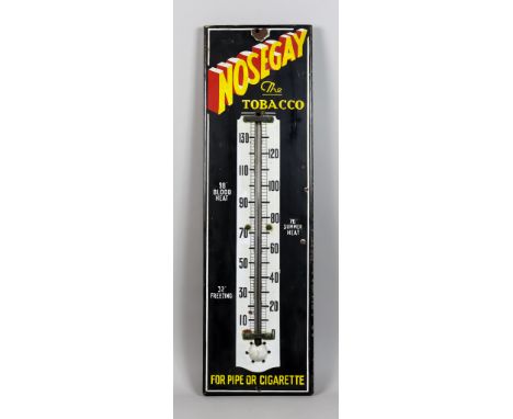 An Enamel "Nosegay - The Tobacco for Pipe or Cigarette" Advertising Wall Mounted Thermometer, 24ins x 7.25ins