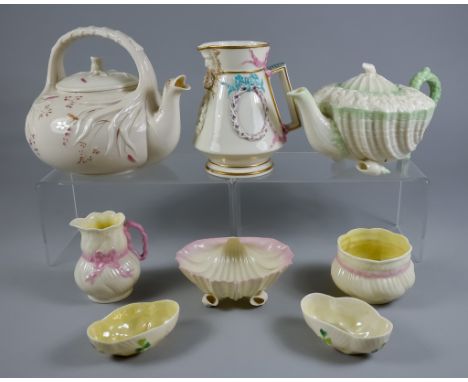 A Small Collection of Belleek Porcelain, including - teapot with McBirney lid giving recipe for making tea, 6.5ins high, face