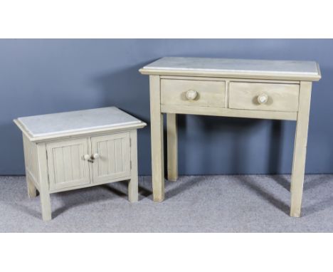 A Grey Painted Pine Side Table, the top inset with white marble panel, fitted two frieze drawers, on heavy square legs, 38ins