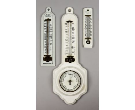 Three Cream Glazed Pottery Wall Mounted  Thermometers and Barometers, including "Dr. Forbes Specifications Improved House, Ba