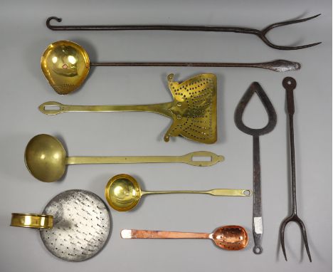 A Brass and Wrought Iron Ladle, Late 18th Century, with pierced strainer to lip, 27ins, and a collection of cooking implement