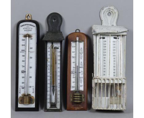 Four Wall Mounted Thermometers, including a white flashed glass and japanned metal cased thermometer, by Callaghan &amp; Co, 
