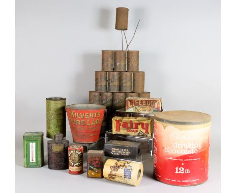 A Red Painted Tin "Kilvert's Pure Lard" Bucket, 7ins diameter x 6ins high, a small selection of tins and soap boxes, includin