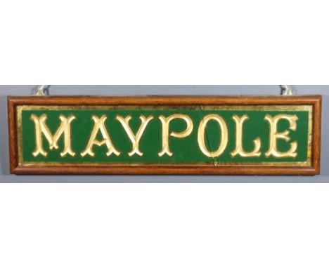 A Pine Framed Green Painted and Gilt Rectangular Advertising Panel, Late 19th/Early 20th Century, for Maypole, with letters m
