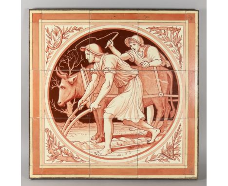 An English Shop Tile Panel, 19th Century, the centre painted in a monochrome palette with an agrarian scene of two figures an