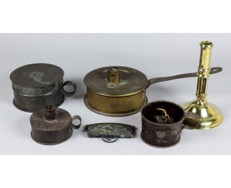 A Sheet Brass Tinder Box and Cover with Candle Socket, 18th Century, 7.25ins high, a brass candlestick with side ejector, 18t