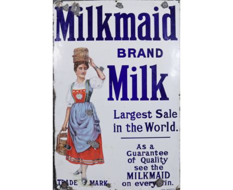 An Enamel Rectangular Advertising Sign, Early 20th Century, "Milkmaid Brand Milk", by Chromo of Wolverhampton, enamelled in c