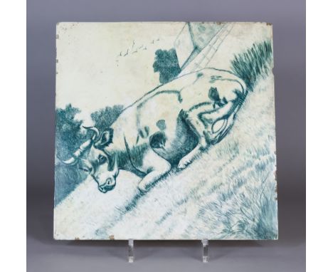 A Minton Green and White Pottery Butchers Tile, Late 19th Century, painted with a bull, 12ins square