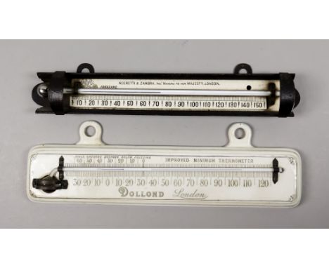 A Cream Glazed Pottery Wall Mounted "Improved Minimum Thermometer", by Dollond, London, 11.5ins wide x 3.5ins high, and a cre
