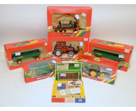 Britains Farm models, 9435, 9565, 9616, 9533, and 9558 x 2 plus accessories a gate and tipping transporter all boxed (8) .   