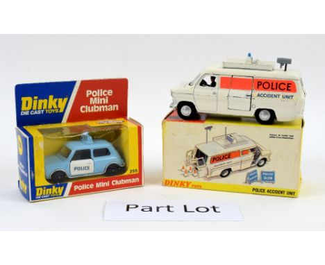 Dinky 264 'Rover 3500 Police, 243 'Volvo Police Car', 269 'Ford Transit Police Accident Unit', 255 'Police Mini Clubman', 255