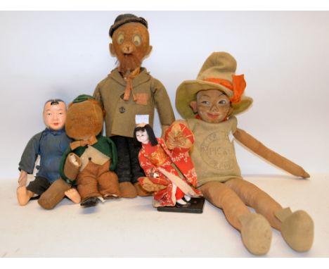 A collection of dolls including a 1940/50s papier mache doll of a Chinese girl, a cloth doll of Peter Piper picked a peck of 