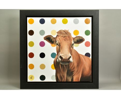 HAYLEY GOODHEAD (BRITISH CONTEMPORARY), 'Ginger', a portrait of a Jersey Cow against a spotted backdrop, initialled bottom le