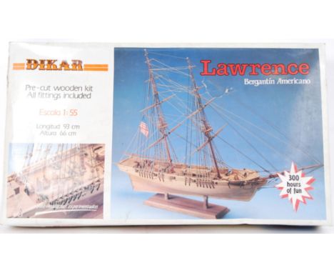 A vintage 20th century Spanish Diktar pre- cut wooden kit. Lawrence American Brig 1:55 scale. Length 36.5", height 26", ref 6