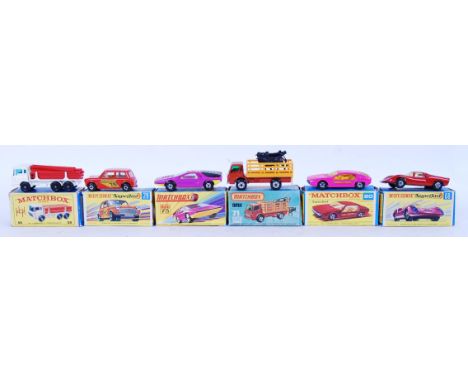 A collection of seven vintage diecast Matchbox models (some Superfast). Cars include 68 Porsche 910, 58 Girder Truck, 29 Mini