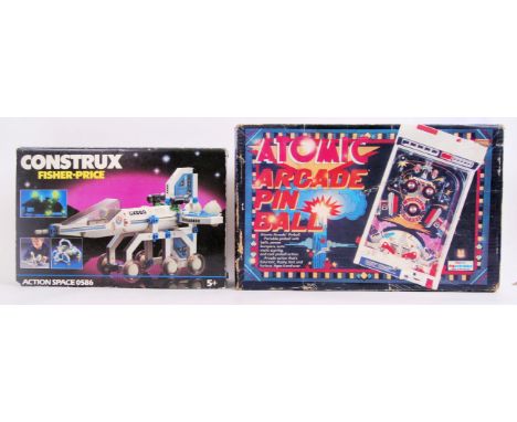 A vintage Fisher Price Construx Action Space 0586 set in its original box. Appears to be complete. Also, a Palitoy Atomic Arc