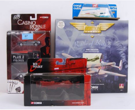 A set of three Corgi diecast models. Models include; a police helicopter, James Bond Casino Royale cars and figures, Red Dwar