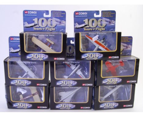 A set of Eight diecast Corgi planes in their original boxes titled '100 Years Of Flight'. Models include Concorde, The Boeing
